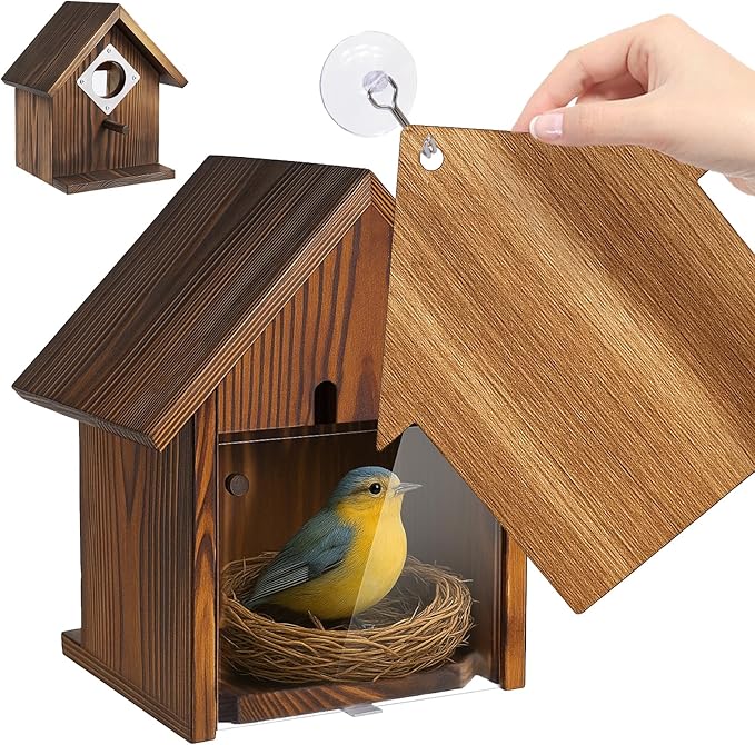 Window Bird Houses for Outside with Stainless Steel Guard, Birdhouse Cover Panel and Adhesive Hooks, Clear for Viewing Inside, Hanging Wooden Birdhouses for Outdoors, for Bluebird Finch Chickadee
