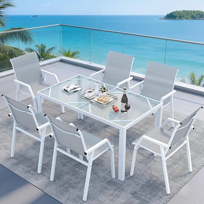 7 Piece Patio Dining Sets for 6, Outdoor Table and Chairs Set with 59in Patio Dining Table and 6pcs Textilene Chairs, All Weather Furniture Set for Backyard Deck Garden