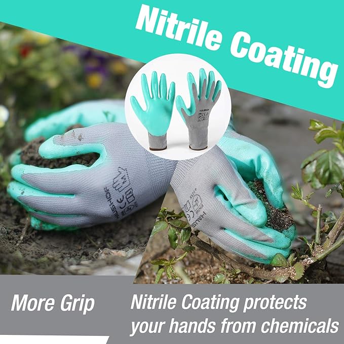 HAUSHOF 6 Pairs Garden Gloves for Women, Nitrile Coated Working Gloves, for Gardening, Restoration Work, Medium, Pink & Green, M
