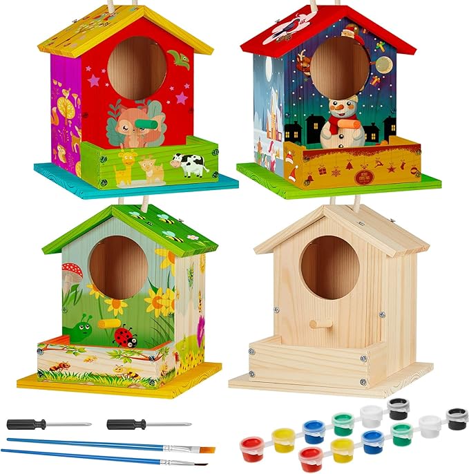 Liliful 1 Pack Wooden Birdhouse Kit DIY Bird House with Paint and Paintbrushes Art and Crafts Painting Kits for Boys Girls Adults Build Paint Classroom Birthday Indoor Outdoor Craft