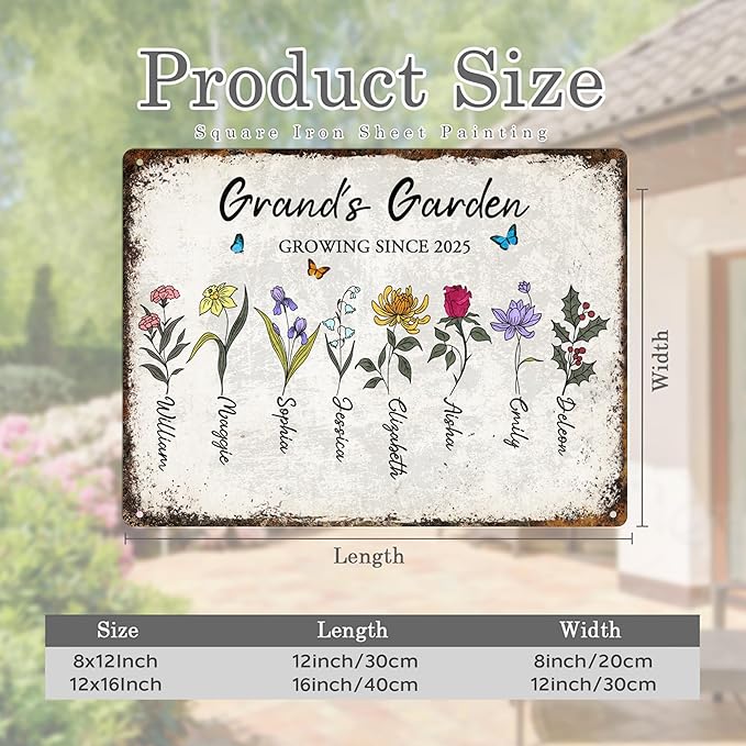 Custom Garden Signs Personalized Metal Tin Sign for Women, Retro Funny Birth Flower Metal Sign for Outdoor, Patio, Yard Rustic Home Decor Gift for Mothers Day, Grandmas, and Gardening Lovers