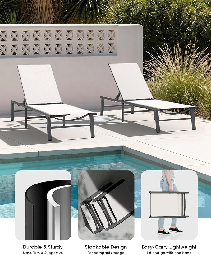 Ciokea Foldable Outdoor Lounge Chair Set of 4, No Assembly Aluminum Chaise Lounge Outdoor with 5-Positions, Aluminum Pool Lounge Chairs with Portable Design for Poolside, Beach, Deck, Patio, White