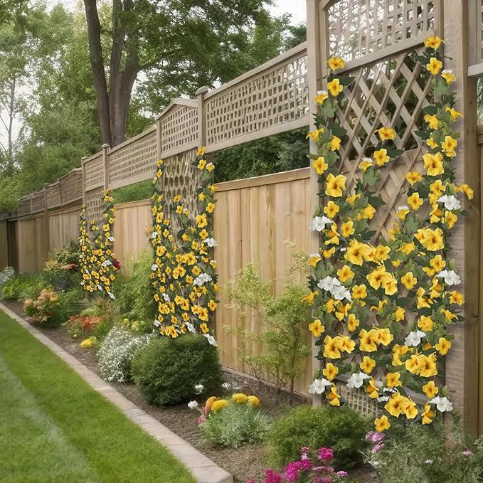 CISDUEO 2 Pcs Artificial Vines for Outdoors Silk Morning Glory Garland 11.5 Ft Hanging Flowers Plants Yellow and White Fake Petunias Vines for Indoor Home Decor Wall Fence Mantle Stairway Mailbox