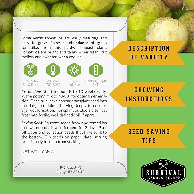 Toma Verde Tomatillo Seeds for Planting - Heirloom Mexican Green Husk Tomato, High Yield Non-GMO Variety for Salsa Verde and Authentic Mexican Cooking - Survival Garden Seeds (5 Packs)