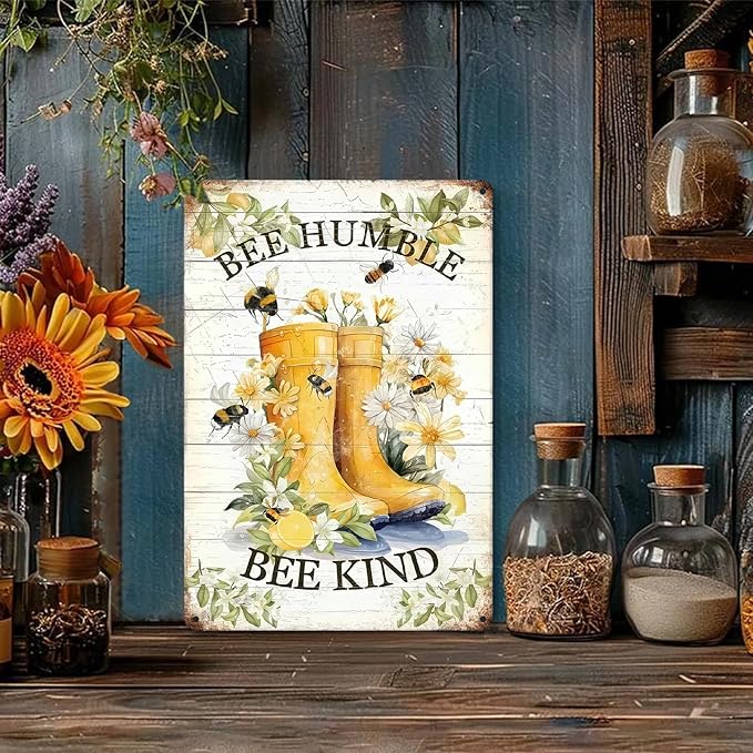 Vintage Metal Tin Sign Inspirational Quotes Wall Decor "BEE HUMBLE BE KIND" Retro Wall Art for Home Outdoor Office Coffee Shop Cafe (8x12 Inch)