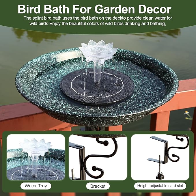 Deck Mounted Bird Bath,Dual Purpose Hummingbird Bath and Bird Feeder for Outside,Solar Bird Bath Fountains Combo Set for Balcony Railing Garden, for Backyard Birding & Wildlife,Copper Green