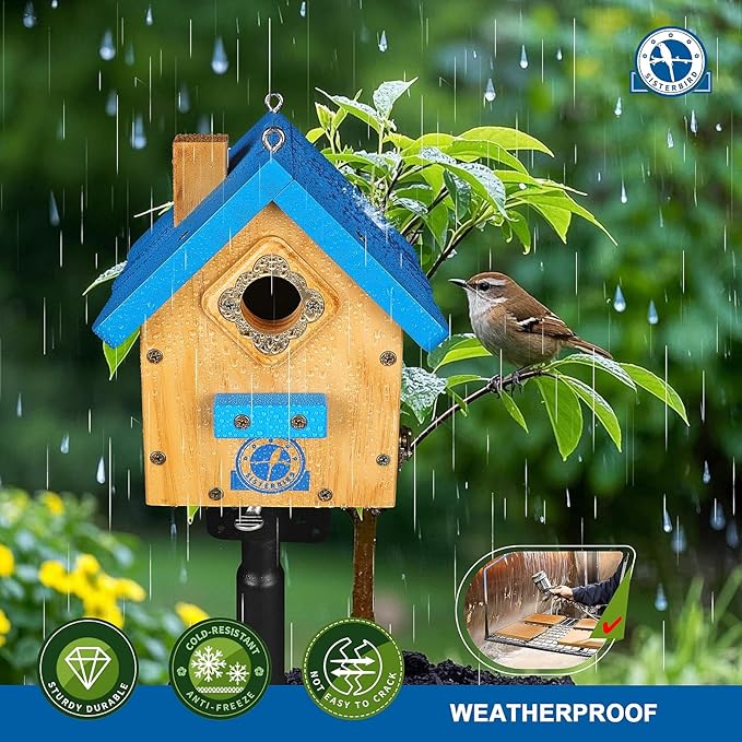 Wren Bird House for Outside, Premium Wooden Wren Bird Houses, Hanging Chickadee Bird House, Weatherproof Garden Decor Birdhouses for Outdoors, Blue Color Roof Bird Nesting Titmouse