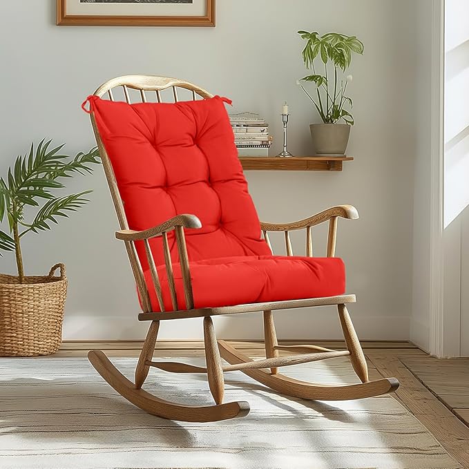 mudilun Rocking Chair Cushion Non-Slip Tufted Indoor/Outdoor Rocking Chair Cushions 80% Water Proof with Straps for Living Room Baby Room Garden High Back Rocking Chair Pads (Red)