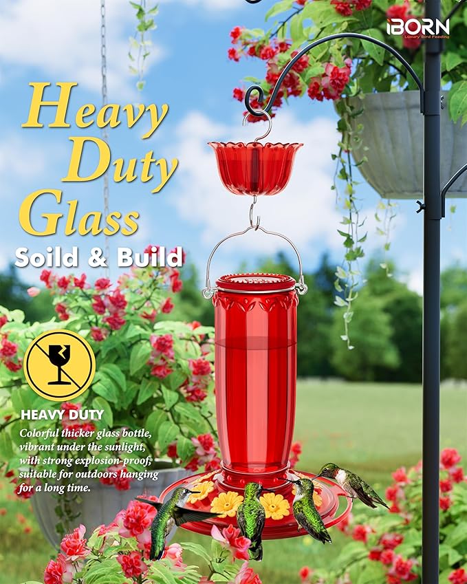 iBorn Hummingbird Feeders for Outdoors Hanging with Ant Moat for Hummingbird Feeder Glass 8 Ports for 16oz Humming Bird Nectar,Yellow Flowers Red Glass, Pack of 1