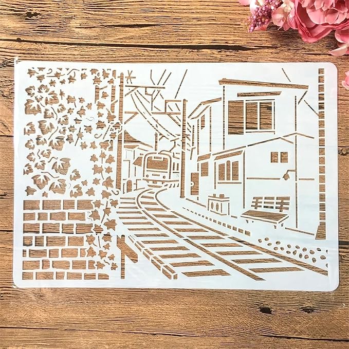 TIAMECH A4 Reusable Railway Train Stencil for Painting - Town House Layering Template, DIY Wall Art, Wood Furniture, Scrapbook & Crafts (8.3x11.7inch)