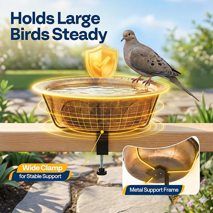 VIVOHOME Deck Mounted Bird Bath for Outside, Weather-Resistant ABS Bird Bath and Feeder with Adjustable Metal Clamp for Railing, Fence, Balcony, 1.45 Gallons, Copper