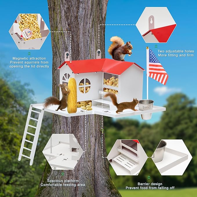 Metal Squirrel Feeder for Outside with Water Bowl, Hanging Squirrel House for Outdoors with Flag Ladder and Corn Cobs Holder, Peanut Feeder for Chipmunks, Mount on Trees or Fences