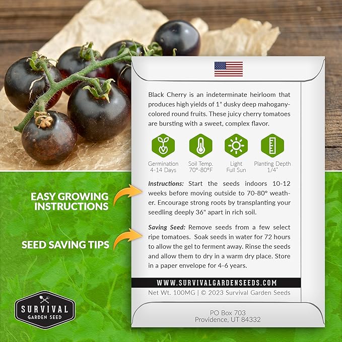 Black Cherry Tomato Seeds for Planting – Indeterminate Heirloom Non-GMO Variety – Grow High Yields of Deep Purple-Black Cherry Tomatoes with Sweet Rich Flavor – Survival Garden Seeds (2 Packs)