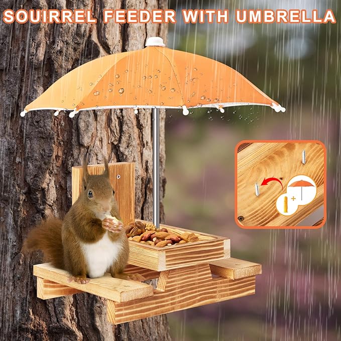 Gnodary Squirrel Feeder with Umbrella, Squirrel Feeders for Outside, Squirrel Picnic Table Feeder - Chipmunk Feeder Hold Corn, Corn Cob, Peanuts Style2 (Bright Orange)