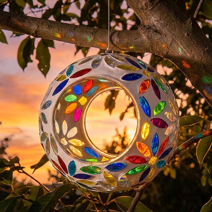 Sunnydaze 6-Inch Glass Mosaic Hanging Bird Feeder for Outdoors - Fly-Through Wild Bird Feeder - Rainbow Daisies