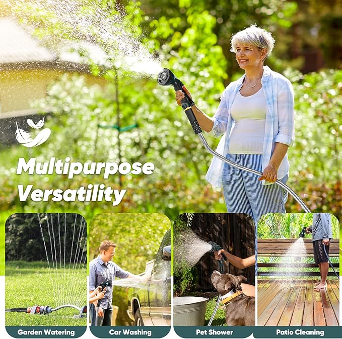 Garden Hose with 10-Function Nozzle, Leak-proof Metal Connector Hose, No Knots, Kink-Free Hoses, Lighter, Anti-Pets, Wear-Resistant, 3/4 GHT, Water Hose for Garden, Yard, Outdoor（50 FT）