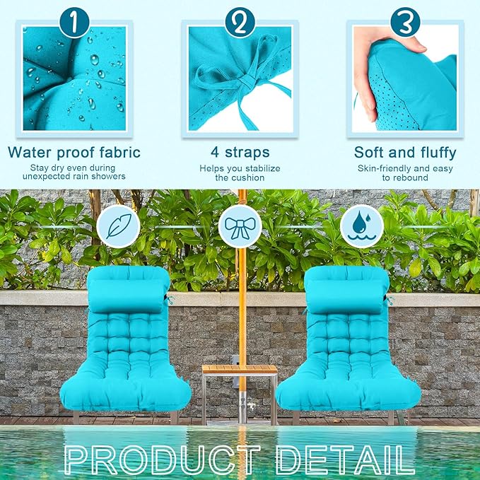 Tudomro 1 Pcs Peacock Blue 66'' Outdoor Chaise Lounge Cushion Waterproof Patio Lawn Pool Chaise Lounge Cushion with Headrest Pillow & Ties Weather Fade Resistant Replacement Longue Chair Pad