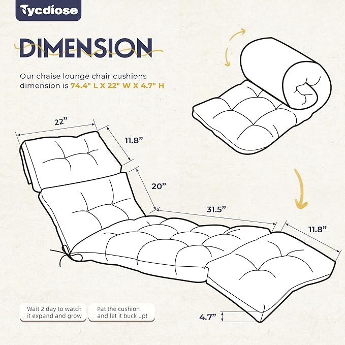 Waterproof Outdoor Chaise Lounge Chair Cushion 74.4 x 22 x 4.7 Inches Memory Foam Lounge Chair Cushions Replacement for Outdoor Furniture with Ties, Thickened Pool Lounge Chair Cushions, Blue