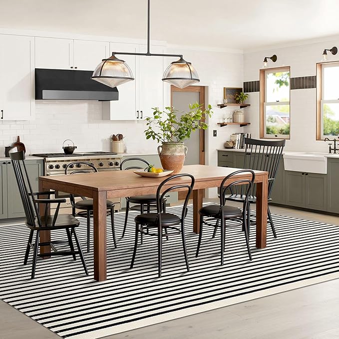 IOHOUZE Black Beige Striped Rug -8'x10' Indoor Outdoor Rug, Washable Area Rug for Living Room, Large Patio Rug, Cotton Striped Rugs for Patio Living Room Bedroom
