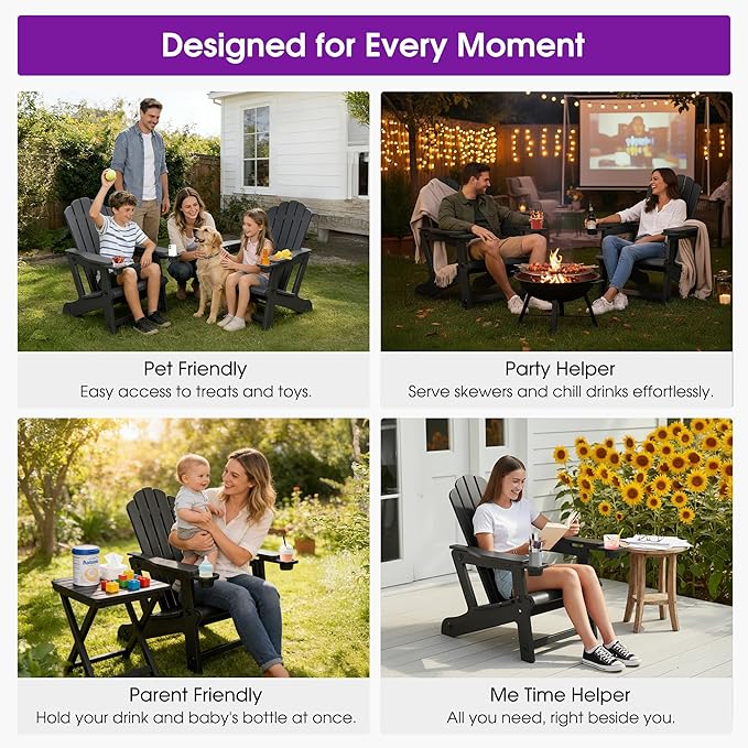 PURPLE LEAF Adirondack Chair Set of 4 HDPE All-Weather Outdoor Fire Pit Chair with 24.6" Oversized Seat Wood-Textured Patio Adirondack Chair with Dual Cup Holders for Garden Deck Backyard, Black