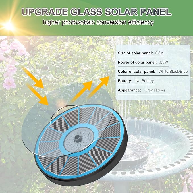 Yzert Solar Fountain for Bird Bath Direct Sunlight High Efficiency 3.5W Glass Panel Solar Water Fountain Outdoor Garden Flower (Blue)