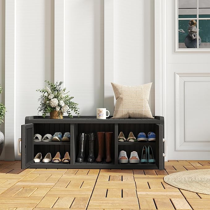 KAMABOKO Shoe Storage Cabinet Waterproof UV-Resistant, Entryway Storage Bench Indoor Outdoor with 2 Doors, Adjustable Shelves for Entryway, Bedroom, Hallway,Living Room(Black)