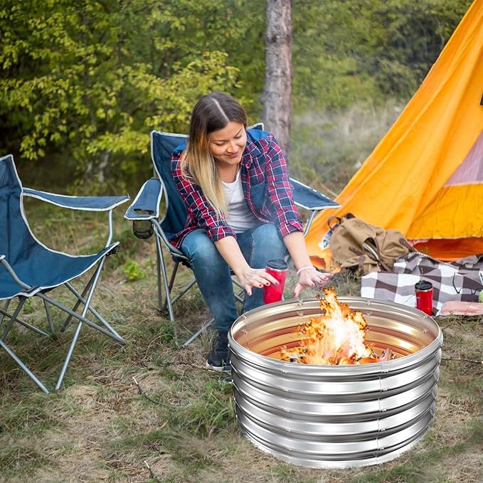 32In Fire Pit Ring, 17'' Tall Heavy Duty Galvanized Steel Wood Burning Fire Pits Insert, DIY In Ground or Above Ground, Outdoor Firepit & Fireplace for Backyard Bonfire, Patio & Camping