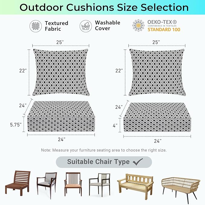 Outdoor Cushions for Patio Furniture,Outdoor Seat Cushion Set 24 x 24 x 4 Inch,Waterproof & Fade Resistant Outdoor Chair Cushions,Deep Patio Chair Cushion with Removable Cover,Black Geometry
