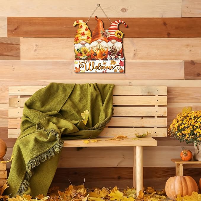 Boao Thanksgiving Welcome Sign Gnome Hanging Door Decor Fall Wooden Sign Autumn Door Decorations Pumpkin Maple Leaves Hanger for Outdoor Farmhouse Porch