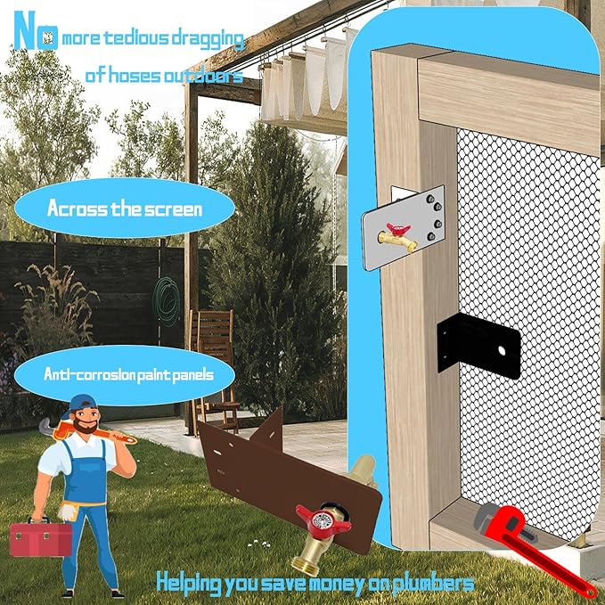 Garden hose faucets, backyard hose holders, outdoor balcony Hose Bibb Valve, faucet screen clamping bases, faucet holders for laying a hose in a lanai or any screened window (tanned)