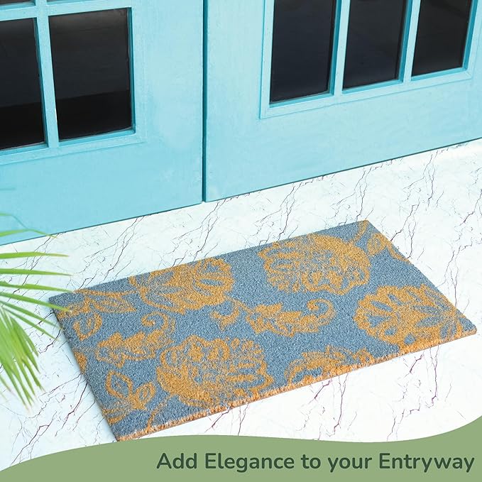 Coir Door Mat, Entryway Floor Mats with Non-Slip PVC Backing, Indoor Outdoor Mat for Front Door Decor, Door Mat, Welcome Mats with Floral Print, Light Blue, 30"x17"