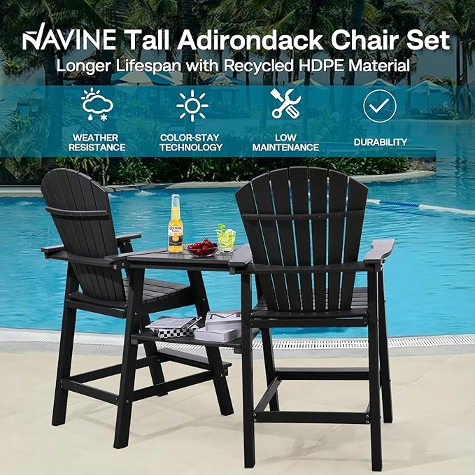 Tall Adirondack Chairs Set of 4, HDPE Balcony Chair with Double Connecting Tray, Weather Resistant Outdoor Adirondack Bar Stools for Patio, Deck, Patio, Backyard, Balcony. (Black)