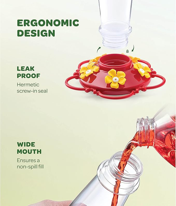 Hummingbird Feeder 10 oz [2 Pack] Glass Hummingbird Feeders for Outdoors, with Built-in Ant Guard - Circular Perch with 5 Feeding Ports - Wide Mouth for Easy Filling/2 Part Base for Easy Cleaning