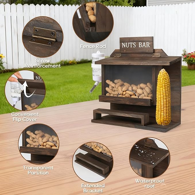 Squirrel Feeders for Outside, Nut Bar Squirrel Feeder, 11.8" Large Squirrel Picnic Table Peanut Corn Cob Feeder, Durable Wooden Chipmunk House Box for Corn Peanuts, Funny Squrrill Nuts Bar