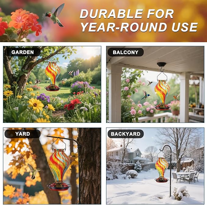 Hummingbird Feeders for Outdoors – Hand Blown Glass Outdoor Hanging Humming Bird Feeder with Ant Moat, 28 Ounces,Leakproof, Easy to Clean, Red Decorative Gift for Garden,Patio,Yard,Mom or Gardener
