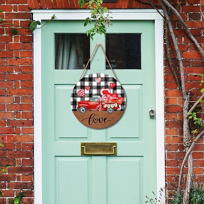 Valentines Day Love Truck Door Sign For Front Door Decor,Black and White Buffalo Plaid Red Heart Wooden Sign 12"x 12" Round Wood Hanging Door Sign Decoration for Wall Rustic Farmhouse Porch Decor
