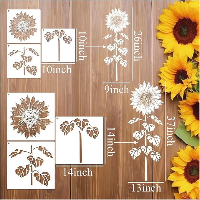Large Sunflower Fence Stencil for Painting on Fences Wood Reusable Tall Blooming Flower Stencils Kit Garden Fence Flower Templates for Outside Mural Walls Crafts Canvas (Sunflower 8pcs)