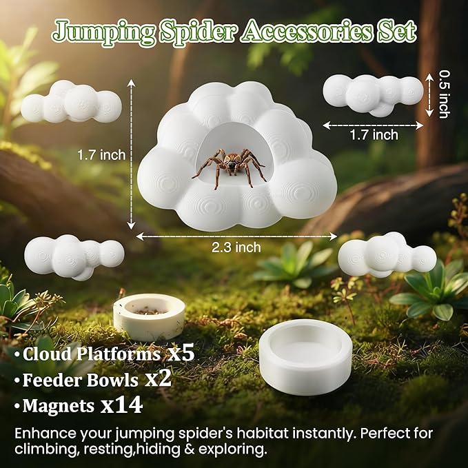 Jumping Spider Accessories Set with Magnetic Cloud Platforms & Feeder Bowls, Jumping Spider Enclosure Accessories for Climbing, Hiding & Feeding, 14 Pcs Magnets, Cute Spiders Habitat Decor