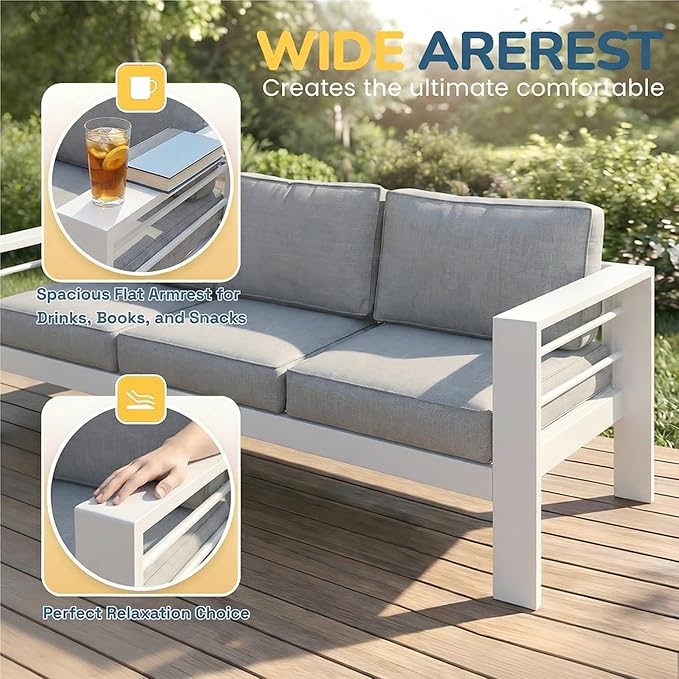 Solaste Aluminum Patio Furniture Set for All Weather, Oversized Metal Outdoor Furniture Set with 27.5" Deep Seat and 3.2" Wide Armrest, Outdoor Patio Conversation Sets with 10" Back Cushion, White