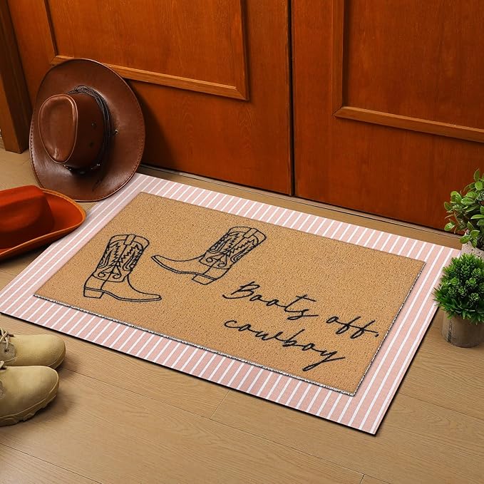 Tinideya 2 Pcs Fall Door Mat Western Cowboy Welcome Non Slip Coir Mats Pink Stripe Floor Layering Doormats Seasonal for Front Porch Entryway Decor(Cowboy)