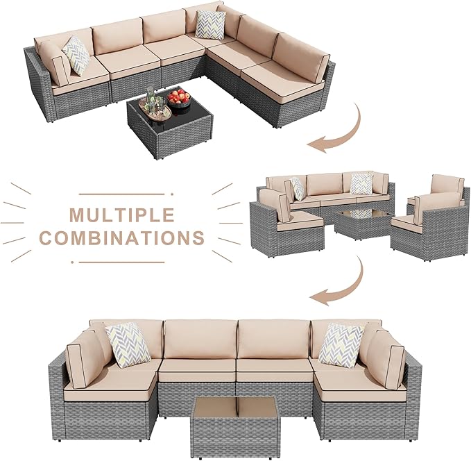 JAMFLY 7-Piece Outdoor Patio Furniture Set, Modular PE Rattan Sectional Sofa with Thick Cushions & Glass Coffee Table, Weather-Resistant Wicker Conversation Set for Poolside, Balcony, Garden, Khaki