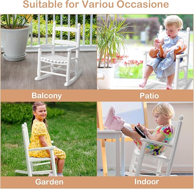 Outvita Outdoor Children's Rocking Chair, All-Weather Wooden Porch Rocker with High Backrest, Ideal for Garden, Yard, and Balcony, Patio Rocking Chair Suitable for Kids Ages 3-6(White)