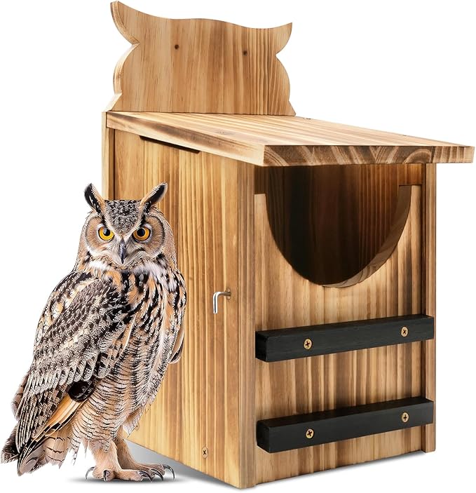 Owl House for Outdoors, Cedar Owl Nesting Box, Durable Carbonized Wood Shelter for Squirrels and Wildlife, Ideal Garden Décor