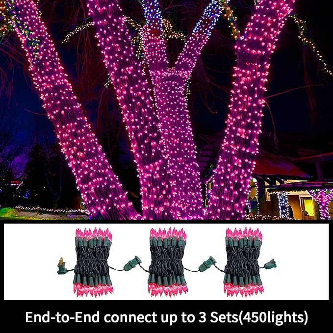 LAMPHOME Pink Lights for Valentines Day Decor, 300light 63.8FT(2pk of 150L) Pink Christmas String Fairy Lights Green Wire Plug in for Bedroom Indoor Outdoor Girl's Room Valentines Decorations