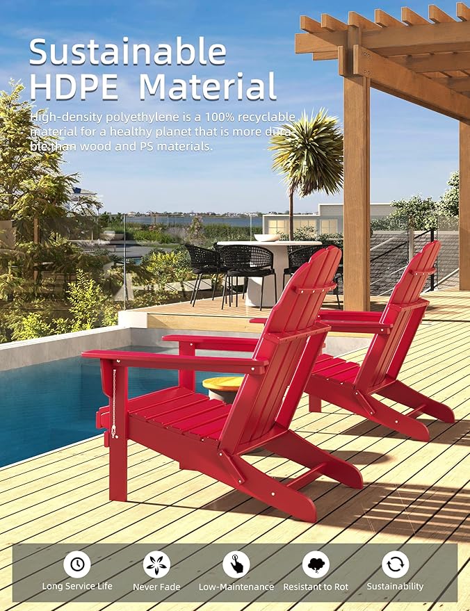 Folding Adirondack Chair - Durable HDPE Poly Lumber All-Weather Resistant, Foldable Oversized Balcony Porch Patio Outdoor Chair for Lawn, Backyard, Deck, Garden, Camping - Easy Installation, Red