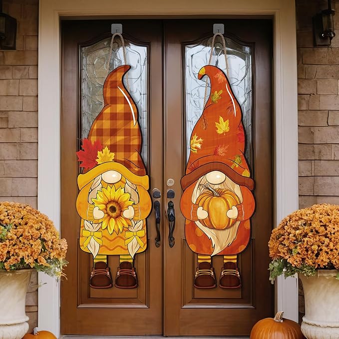 Thyle 2 Pcs Wooden Thanksgiving Gnome Sign 27 x 10 Inch Fall Hanging Gnome Front Door Decor Pumpkin Sunflower Welcome Sign for Fall Outdoor Indoor Front Porch Harvest Home Farmhouse Wall Supplies