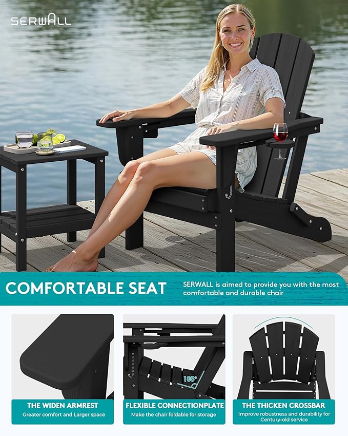 SERWALL Folding Adirondack Chair, Dual Cup Holders, Wood-Like Patio Chair for Backyard, Camping，Pool & Fire Pit- Black