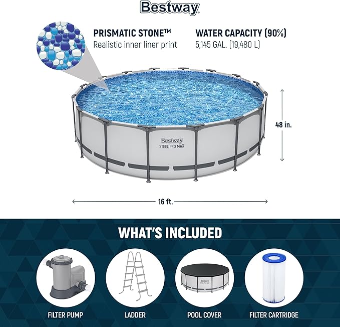 Bestway Steel Pro MAX 16' x 48" Above Ground Pool, Round Metal Frame Outdoor Swimming Pool Set with Filter Pump, Ladder, and Cover, Gray