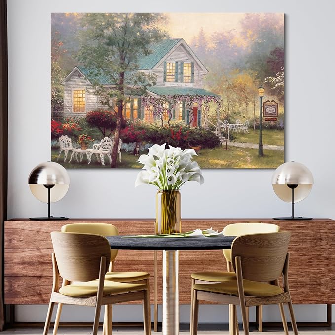 STUDIO HAVEN Thomas Kinkade Canvas Wall Art, Cyan-Roofed Cottage Vine-Covered Porch Flower Garden Relaxing Pets Oil Painting Poster Cozy Retreat Wall Decor, Framed Prints for Home Decor, 24x16Inch