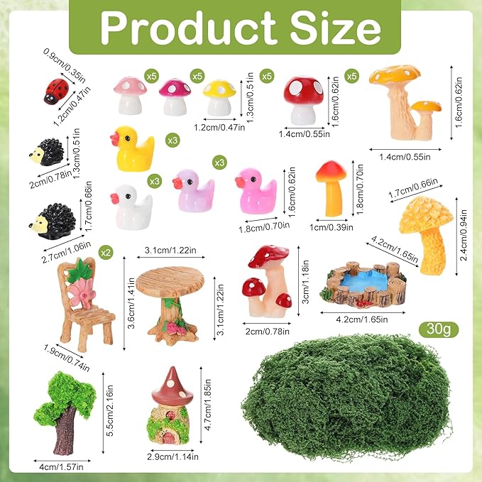 68 Pcs Fairy Garden Accessories Mini Resin Animals Figures Miniature Ducks Mushroom Ladybug Table and Chairs Bridge Pond Fence Moss Bonsai Landscape Ornaments Kit for Garden DIY Craft